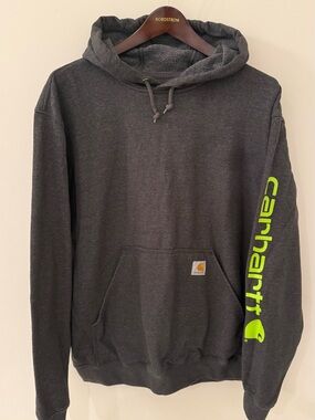 Carhartt Charcoal Hoodie with Neon Green Sleeve Logo